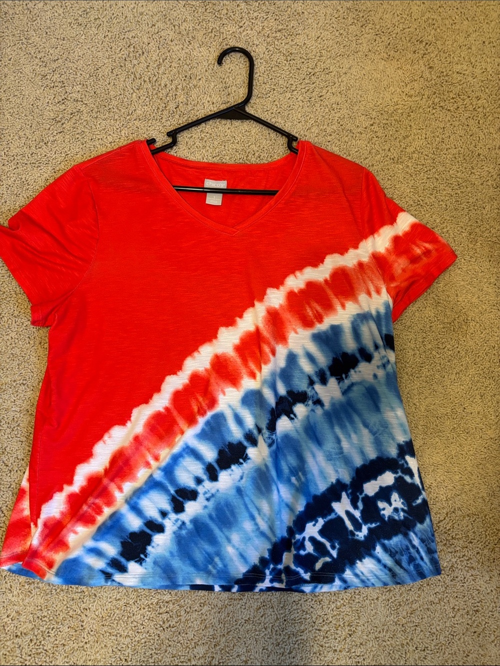 Chico's Red, White & Blue Tie-Dye V-Neck Short Sleeve Top